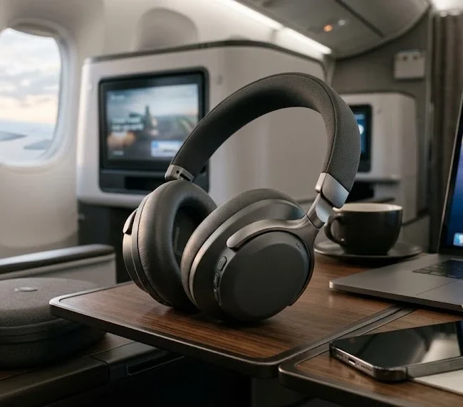 Modern over-ear noise-canceling headphones beside a laptop and smartphone on a travel-ready workspace