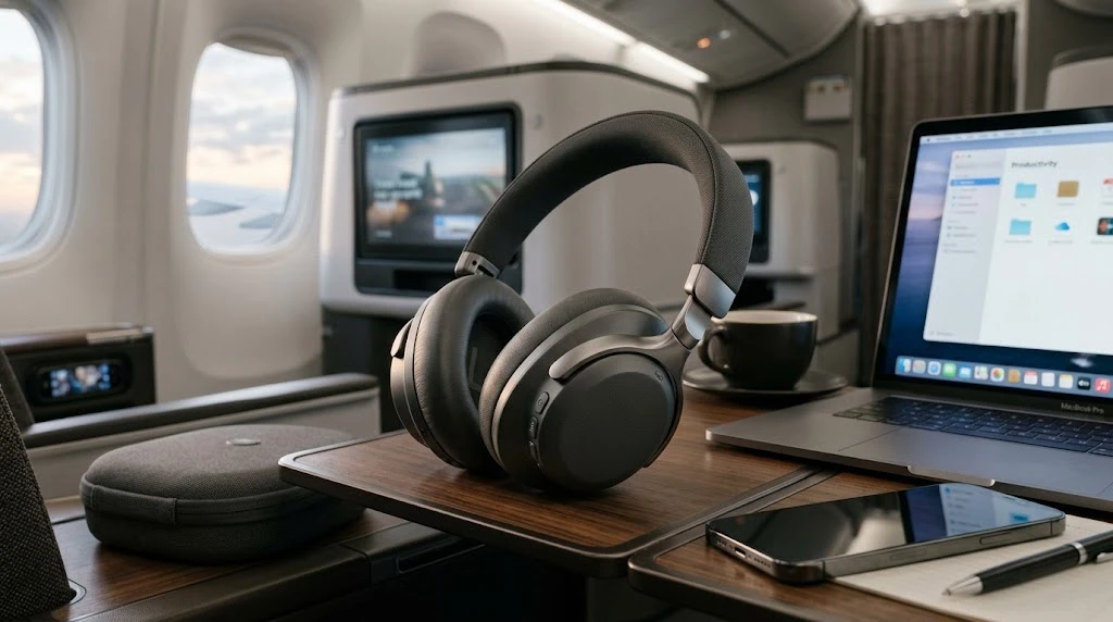 Modern over-ear noise-canceling headphones beside a laptop and smartphone on a travel-ready workspace