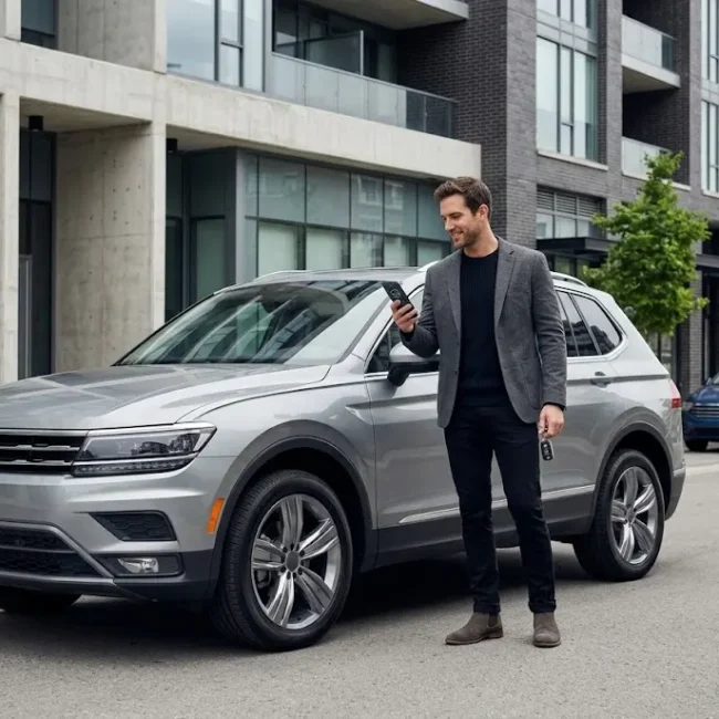 Driver using a smartphone beside a modern SUV in an urban setting.