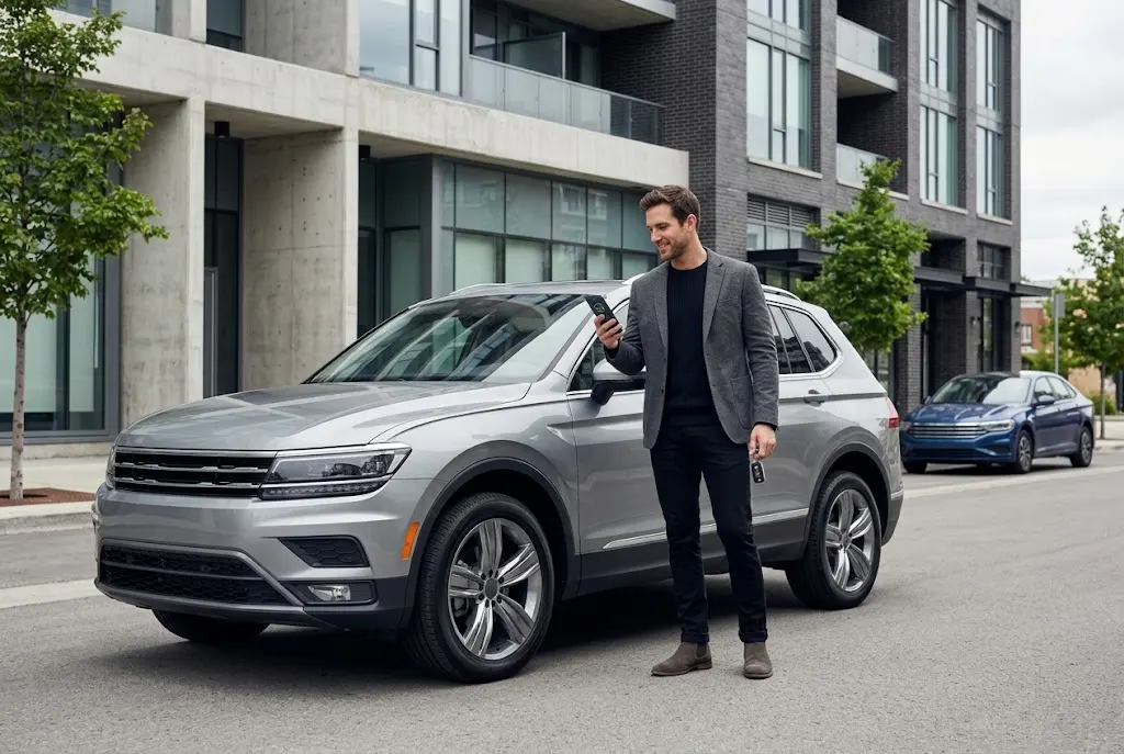 Driver using a smartphone beside a modern SUV in an urban setting.