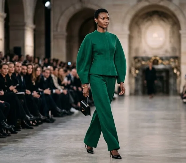 Fashion model wearing an emerald green outfit on an elegant Paris runway