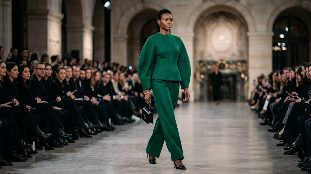 Fashion model wearing an emerald green outfit on an elegant Paris runway