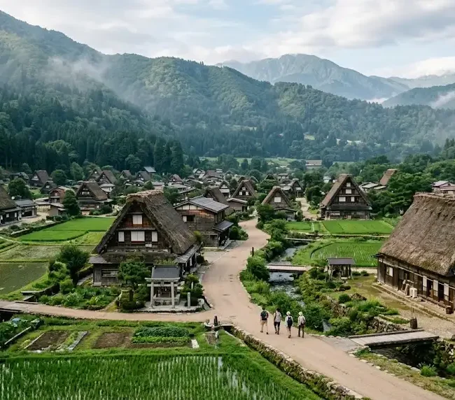 Traditional thatched-roof houses surrounded by forested mountains in rural Japan.
