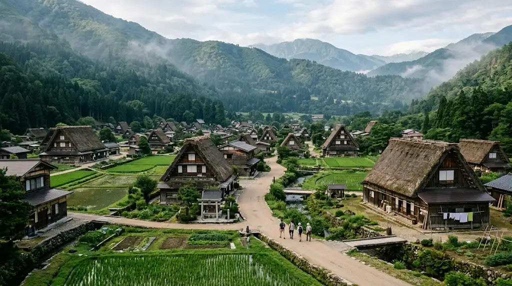 Traditional thatched-roof houses surrounded by forested mountains in rural Japan.