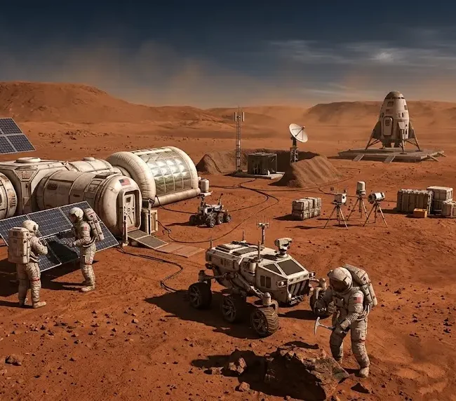 Astronauts working beside a Mars habitat and exploration rover on the Martian surface