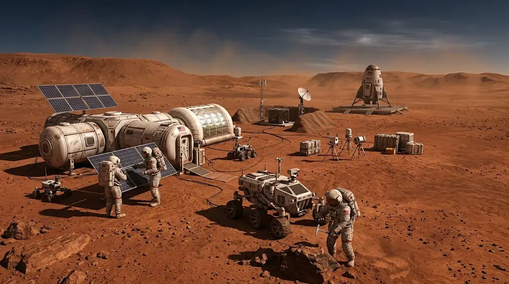 Astronauts working beside a Mars habitat and exploration rover on the Martian surface