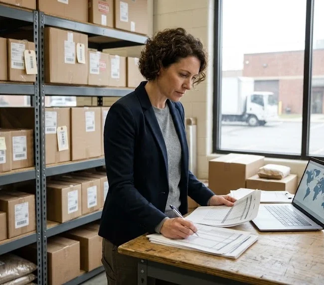 Small business owner reviewing trade and supply-chain information beside product inventory.