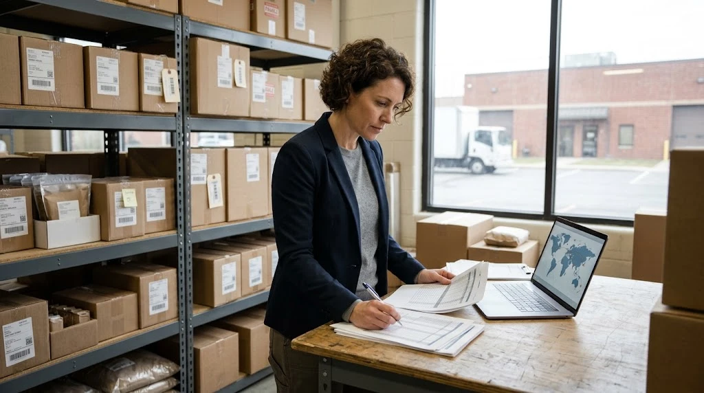Small business owner reviewing trade and supply-chain information beside product inventory.