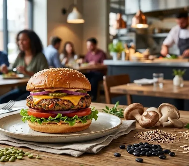 Plant-based burger with fresh vegetables served in a modern restaurant
