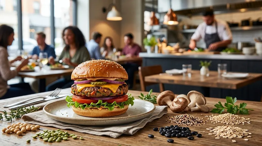 Plant-based burger with fresh vegetables served in a modern restaurant