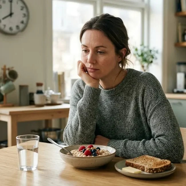 Adult sitting thoughtfully beside a nutritious breakfast in a bright morning kitchen.