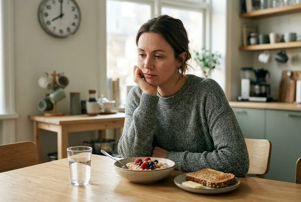 Adult sitting thoughtfully beside a nutritious breakfast in a bright morning kitchen.