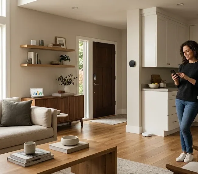 Modern home interior with smart security, energy, environmental, and automation devices.