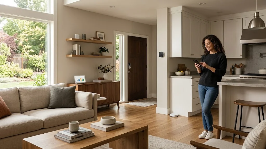 Modern home interior with smart security, energy, environmental, and automation devices.