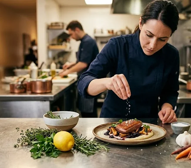 Professional chef seasoning a restaurant dish with fresh culinary ingredients nearby
