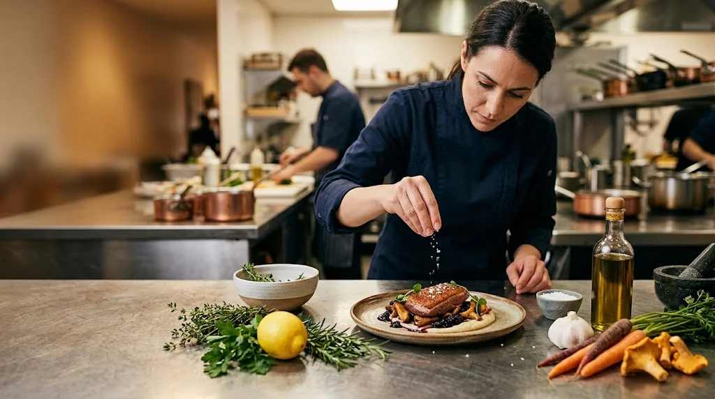 Professional chef seasoning a restaurant dish with fresh culinary ingredients nearby