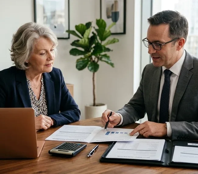 Policyholder reviewing life insurance settlement documents with a financial adviser.