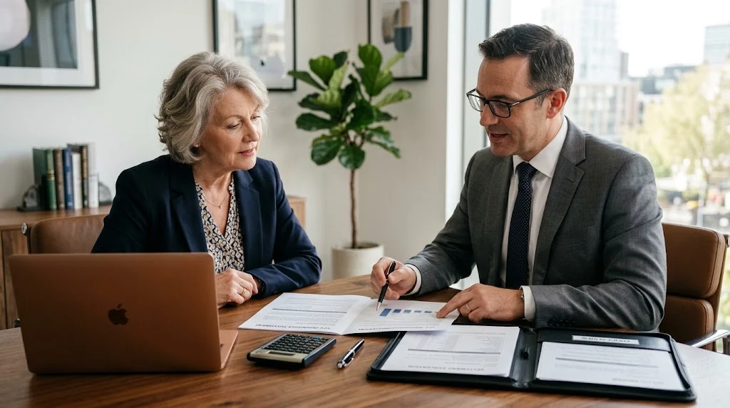 Policyholder reviewing life insurance settlement documents with a financial adviser.