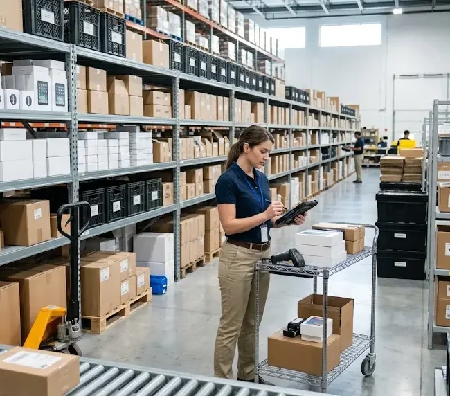 Organized logistics warehouse managing consumer devices, inventory, shipments, and returns
