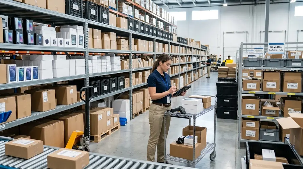 Organized logistics warehouse managing consumer devices, inventory, shipments, and returns