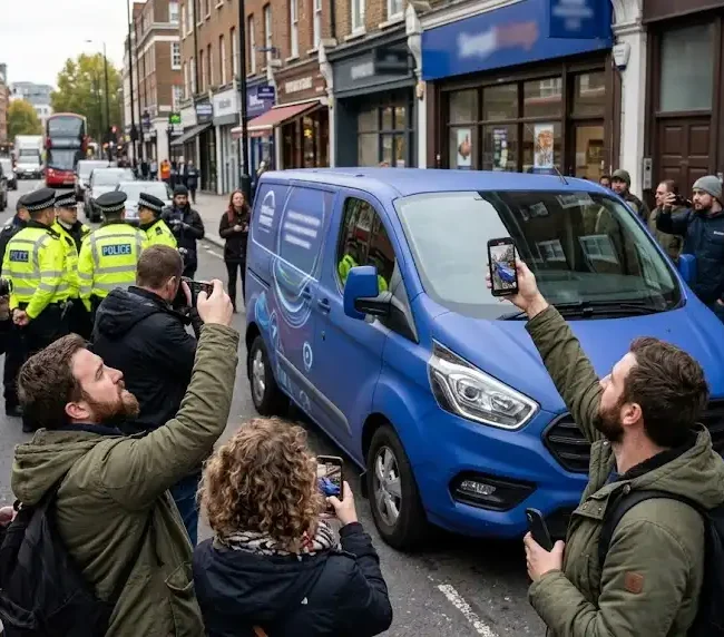 Branded promotional minivan attracting smartphone users and media attention in an urban setting