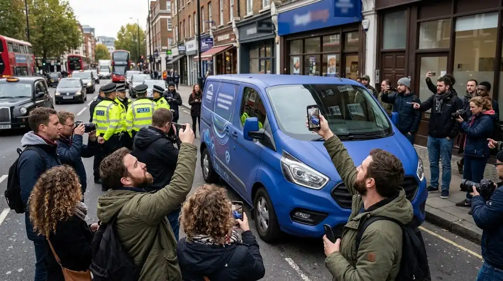 Branded promotional minivan attracting smartphone users and media attention in an urban setting