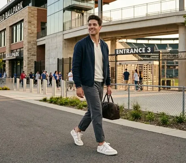 Baseball-inspired lifestyle sneakers worn in a casual outfit outside a baseball stadium
