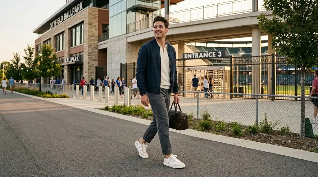 Baseball-inspired lifestyle sneakers worn in a casual outfit outside a baseball stadium