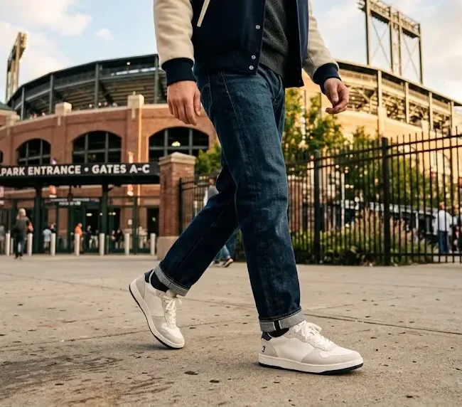 Baseball-inspired lifestyle sneakers paired with casual streetwear near a ballpark