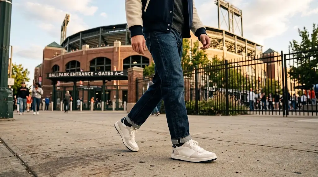 Baseball-inspired lifestyle sneakers paired with casual streetwear near a ballpark