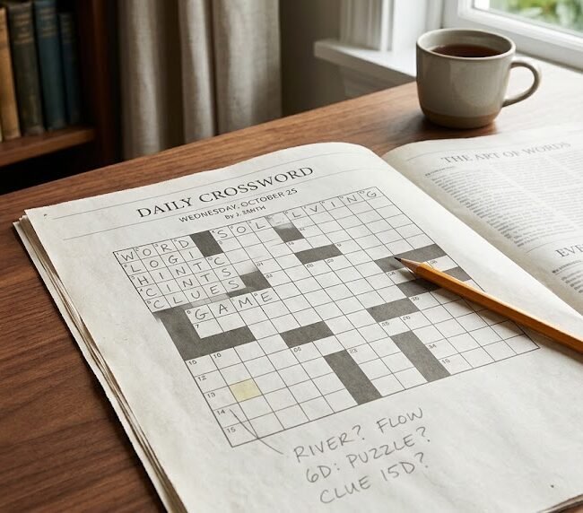 Crossword puzzle grid with pencil and notes representing a clue-solving guide