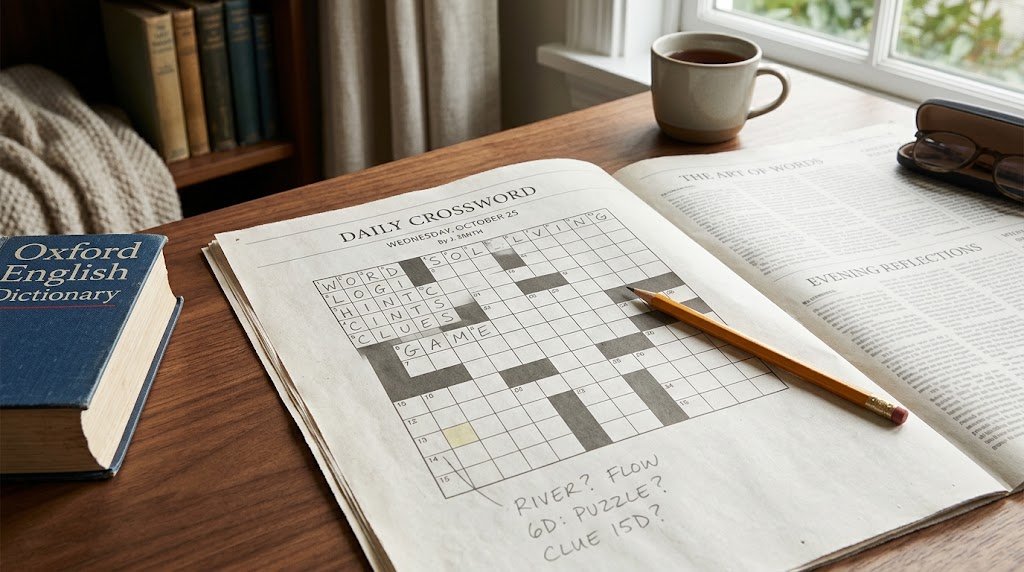 Crossword puzzle grid with pencil and notes representing a clue-solving guide
