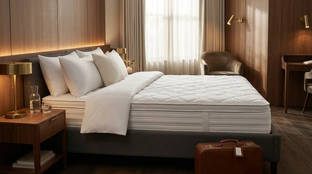 Premium quilted hotel-style mattress on an upholstered bed in an upscale bedroom.