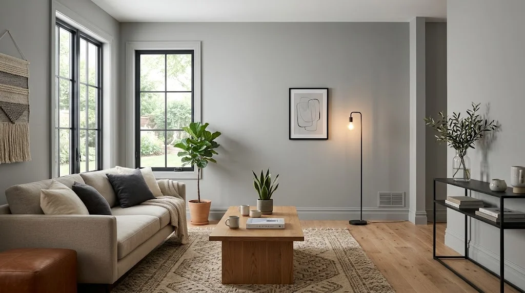 Modern living room with soft gray walls, natural wood furniture, neutral textiles, and contemporary decor