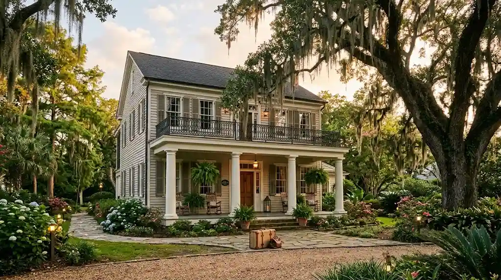 Historic Southern hotel surrounded by live oak trees in St. Francisville, Louisiana.