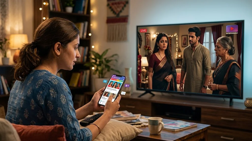 Viewer checking the latest Bhagyalakshmi serial updates while watching a fictional Indian TV drama