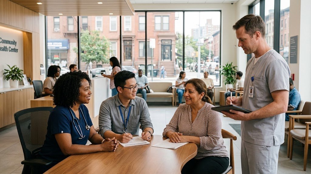 Healthcare professionals providing family and behavioral health services in a community clinic