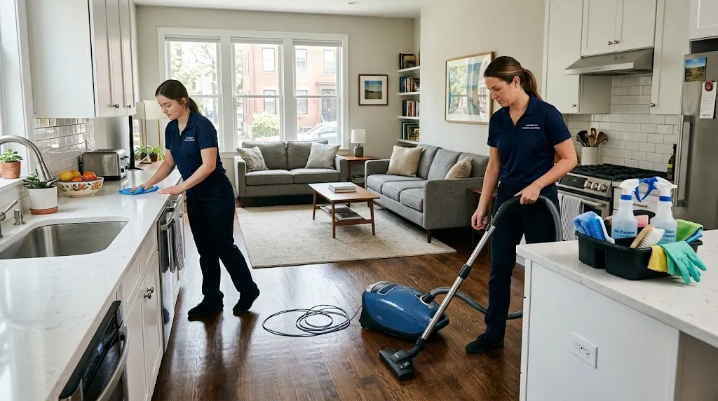 Professional cleaners vacuuming a living room and cleaning a kitchen in a residential home.