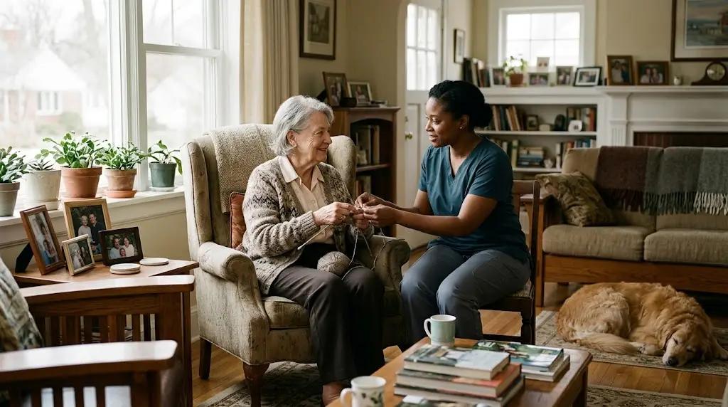 Older adult receiving personalized support from a professional caregiver at home