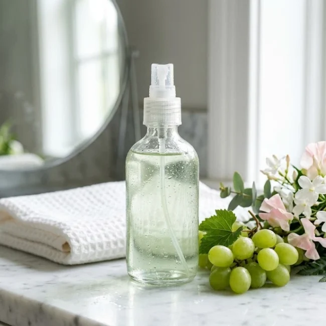 Unbranded facial mist bottle with grapes and botanical ingredients on a beauty vanity.