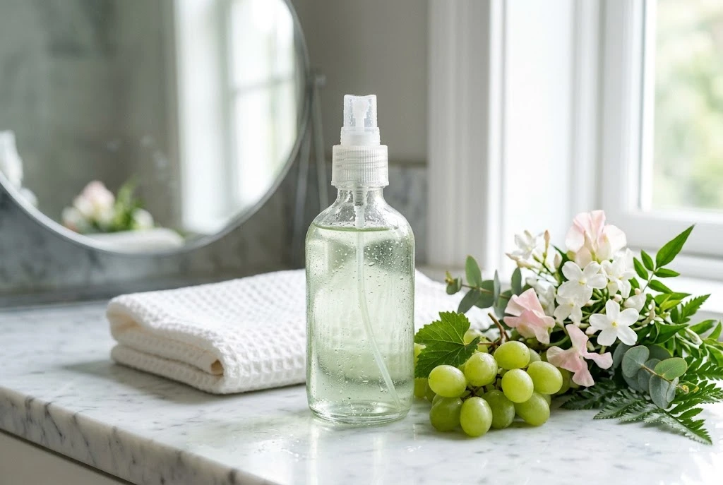 Unbranded facial mist bottle with grapes and botanical ingredients on a beauty vanity.