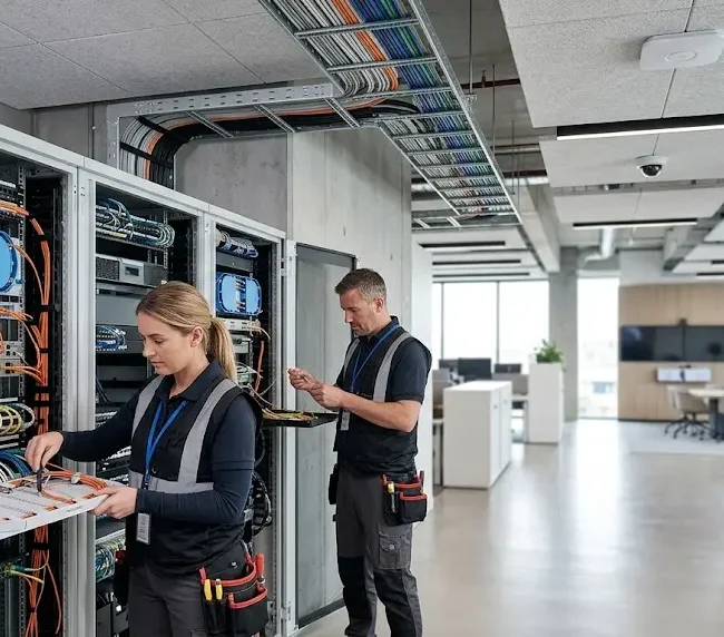 Technicians installing structured cabling and low-voltage technology infrastructure in a modern commercial facility