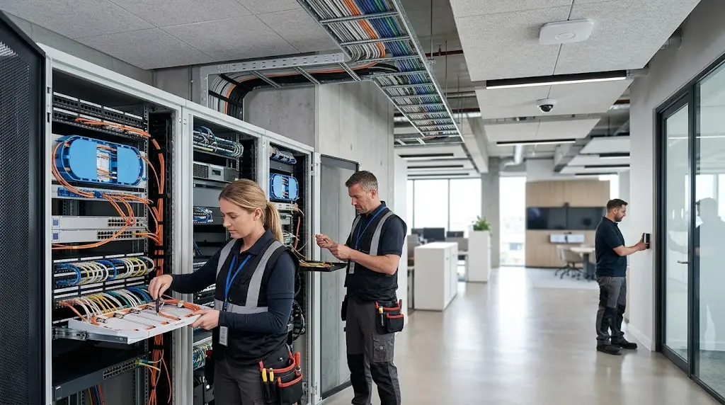 Technicians installing structured cabling and low-voltage technology infrastructure in a modern commercial facility