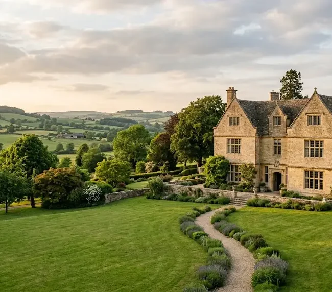 Historic Charingworth Manor surrounded by gardens and Cotswold countryside in England.