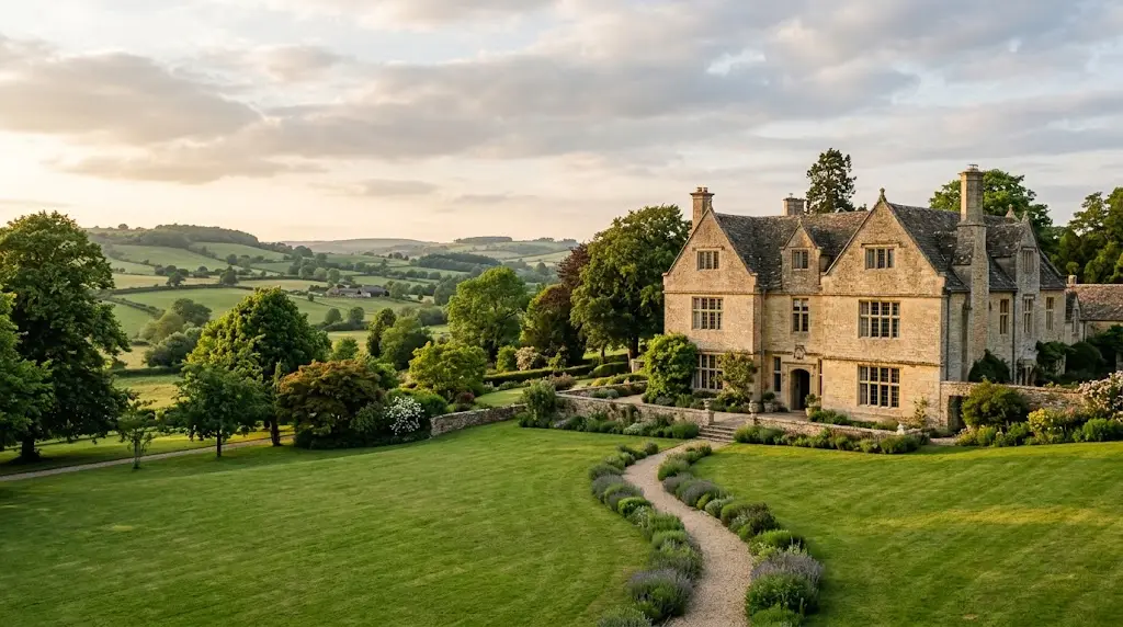 Historic Charingworth Manor surrounded by gardens and Cotswold countryside in England.