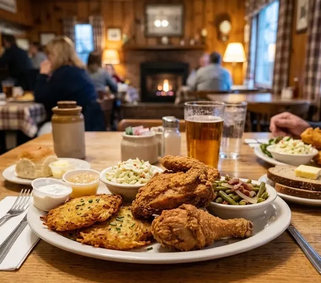 Broasted chicken with potato pancakes and sides at a traditional American restaurant