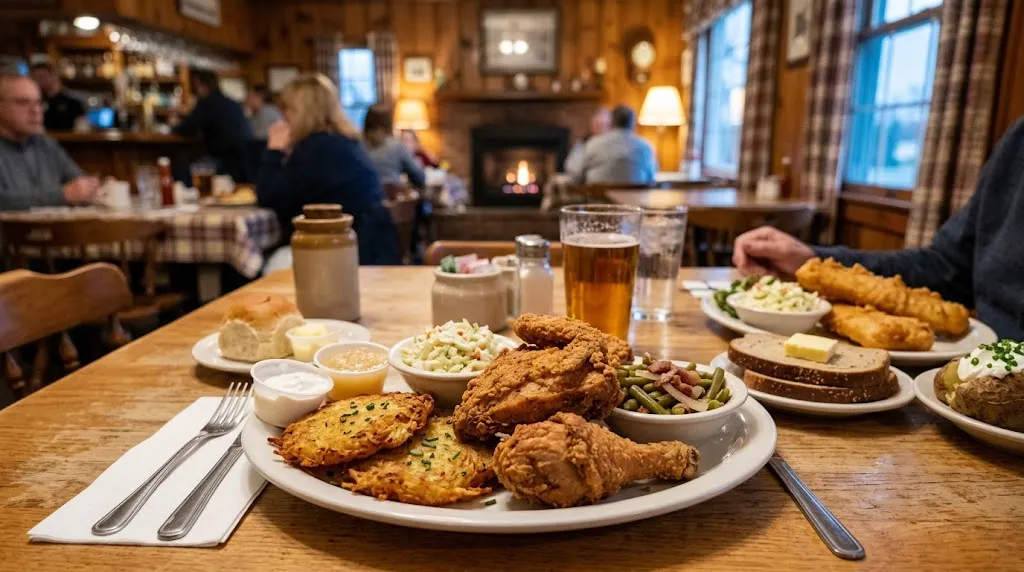 Broasted chicken with potato pancakes and sides at a traditional American restaurant
