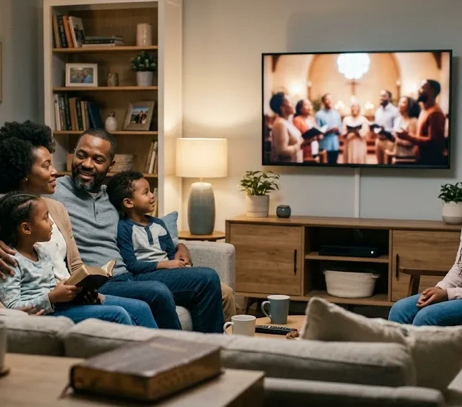 Family watching faith-centered television together in a comfortable living room
