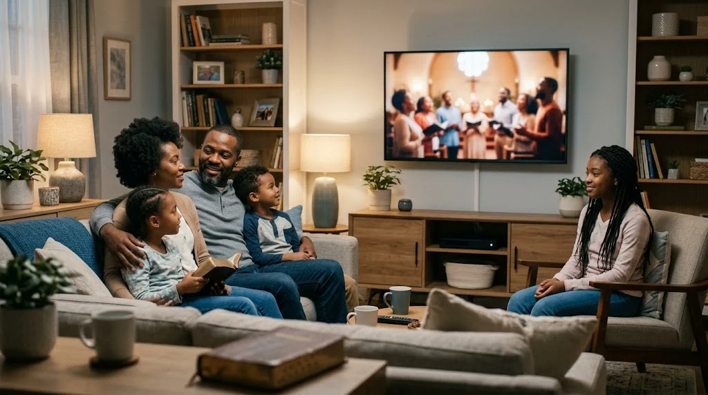 Family watching faith-centered television together in a comfortable living room