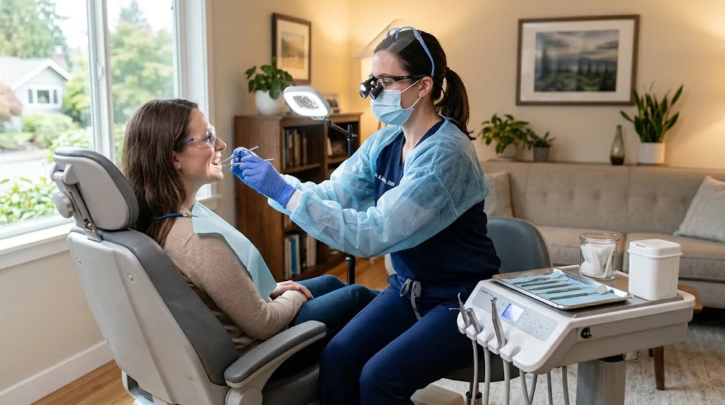 Dental professional performing a routine oral examination for a patient at home using portable equipment.